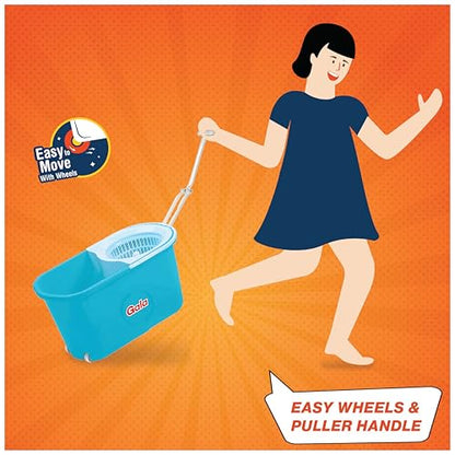 Gala e-Quick Spin Floor Cleaning Mop Set with 2 Microfiber Refills, Easy Wheels, Big Bucket & Wringer for Home, Household Cleaner Accessories (White & Blue)