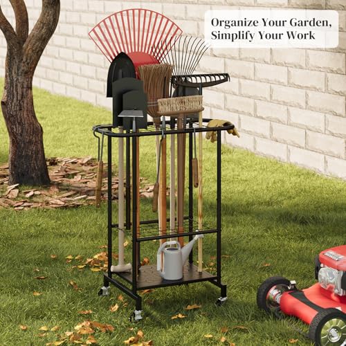 Garden Tool Organizer with Wheels, Yard Tool Rack Heavy Duty Steel Tool Organizer and Storage Holder Broom Holder for Garage, Shed, Patio, Indoor/Outdoor - style: Rack with Wheels