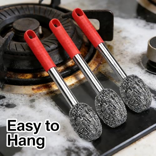 2PCS Steel Wool Scrubber with Handle Rustproof, Cast Iron Scrubber, Stubborn Messes Pot Brush, Remove Dirt for Cleaning Stoves,Sinks Dishes Grills Bowls & Metal Wire Sponge for Kitchens - color: Red