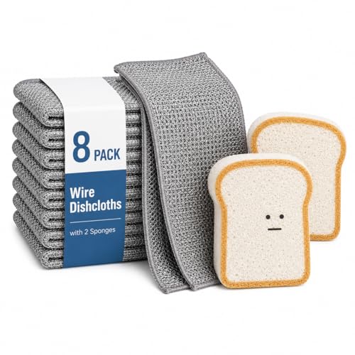 Non Scratch Wire Dishcloths 8 Pack with 2 Kitchen Sponges, Reusable Double Layer Wire Cleaning Cloths for Pots, Pans, Dishes, Sinks and Stove Tops - color: 8+2 Set