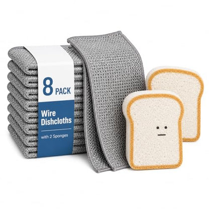 Non Scratch Wire Dishcloths 8 Pack with 2 Kitchen Sponges, Reusable Double Layer Wire Cleaning Cloths for Pots, Pans, Dishes, Sinks and Stove Tops - color: 8+2 Set