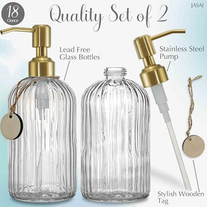JASAI 2PACK 18Oz Fluted Glass Soap Dispenser with Golden Rust Proof Pump, Refillable Kitchen soap Dispenser with Vertical Stripe, Bathroom Soap Dispenser for Dispense Hand soap, Dish Soap, Lotion. - color: Clear-golden Pump-2p, size: 2 Pack