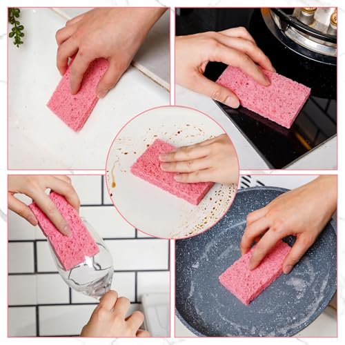 Zhengmy 100 Pieces Sponges Bulk Sponges Kitchen Compressed Sponge Natural Dish Sponge Compressed Wood Pulp Cleaning Without Scratching for Kitchen Bathroom, 3.9 x 2.4 x 0.12 Inch (Pink) - color: Pink