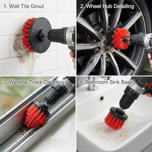 Drill Brush Attachment Set, 5 Pack Power Scrubber Cleaning Brush Kit with Extension Rod for Bathroom, Tub, Tile, Grout, Kitchen, Floor and Wheel Rims (Red) - color: Red