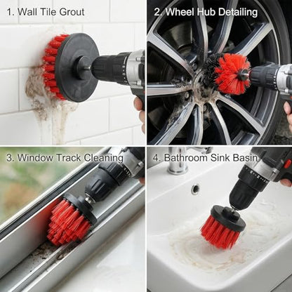 Drill Brush Attachment Set, 5 Pack Power Scrubber Cleaning Brush Kit with Extension Rod for Bathroom, Tub, Tile, Grout, Kitchen, Floor and Wheel Rims (Red) - color: Red