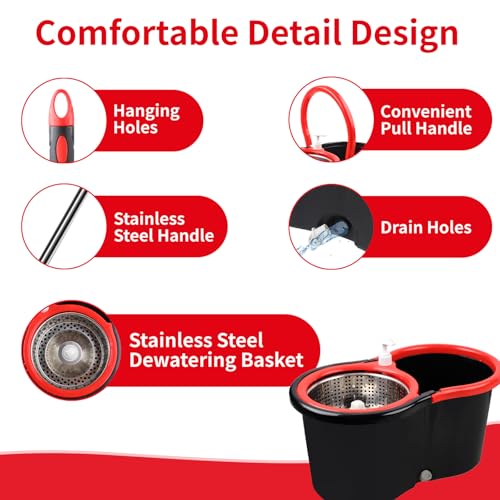 Spin Mop and Bucket with Wringer Set, 360° Spinning Mop Bucket System with 3 Microfiber Mop Replacement Heads, Adjustable Handle for Floor Cleaning (Black) - color: Black