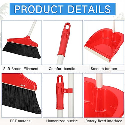 WILLBOND Set of 8 Broom and Dustpan Set Long Handle Broom with Upright Standing Dustpan Broom with Dustpan Combo Set Dust Pan with Long Handle for Lobby Kitchen Office Floor Outdoor Cleaning (Red)