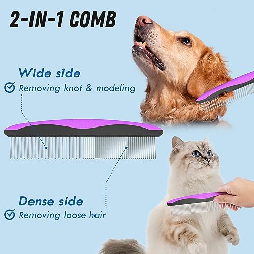 Docrok Pet Grooming Brush and Metal Comb Combo - Undercoat Rake for Dematting and Deshedding Long Matted Haired Dogs and Cats, Purple - color: Purple