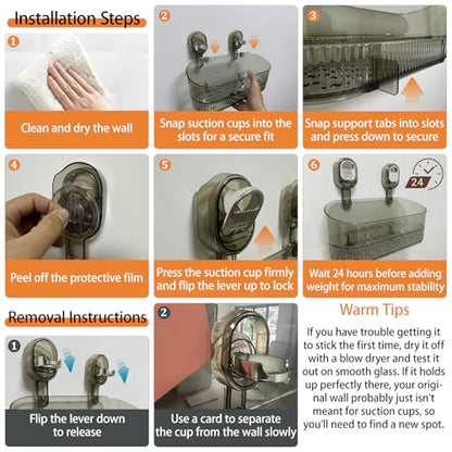 AVOKIHI Suction Cup Shower Caddy, No Drill Traceless Adhesive Shower Shelf for Inside Shower, Waterproof Bathroom Shower Storage Basket(Transparent)