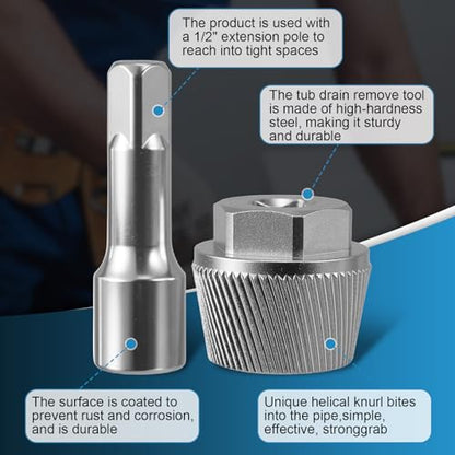 Tub Drain Removal Tool and Bathtub Drain Assembly Kit, 1.5 Inch Tub Drain Extractor Wrench with Lift-n-Turn Drain Stopper, 1-1/2" x 11.5 Coarse Thread, Chrome Plated Plumbing Repair Kit - color: Silver, size: Tub Drain Kit