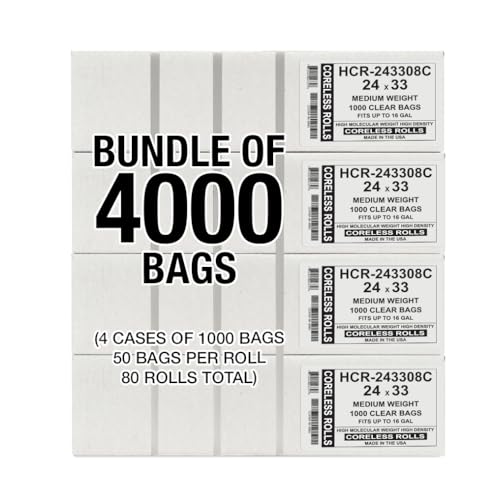 Aluf Plastics High Density Trash Bags, 16 Gallon, 4000 Count, 8 Micron (eq), 24" x 33", Clear, for Bathroom, Office, Industrial, Commercial, Janitorial, Municipal, Recycling - color: Clear, style: 12-16 Gal, 8 Micron Equiv, 4,000 Count