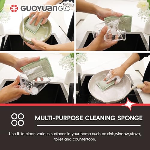 Bamboo Kitchen Sponges Heavy Duty Natural Cleaning Sponges Non-Scratch Dish Sponge for Dishes, Pots and Pans-Green,6 Pack - color: Green