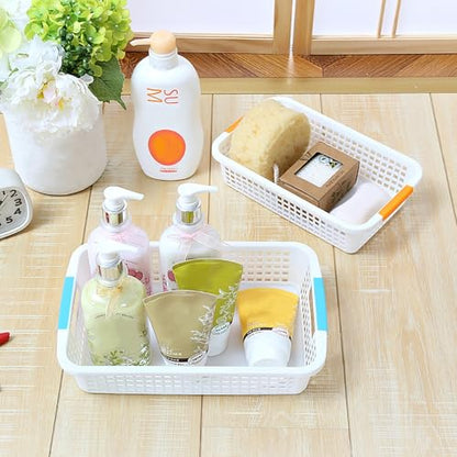 Lawei 8 Pack Large Plastic Storage Basket with Handle - 15 x 10 x 3 Inch Pantry Organizer Basket Bins Desktop Paper Storage Basket for Organization, Countertops, Cabinets, Bedrooms, Bathrooms