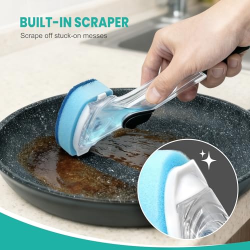 Dish Wand with Handle,Non-Scratch Dishwand Refills Replacement Sponge Heads | Leak-Proof Soap Control Dispenser Scrub Sponges, Advanced Scrubber Brush Pads for Kitchen Cleaning Dishes Sink Washing Tool ﻿ - size: 5Pcs(1Handle+4Refills)