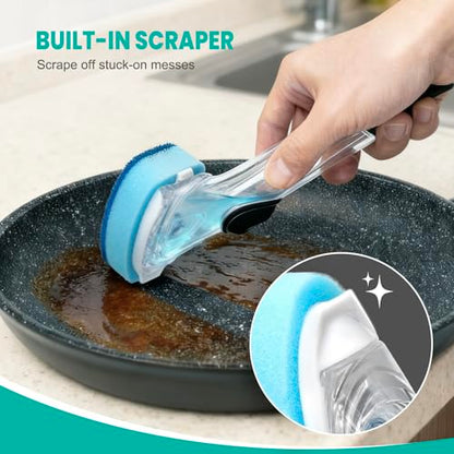 Dish Wand with Handle,Non-Scratch Dishwand Refills Replacement Sponge Heads | Leak-Proof Soap Control Dispenser Scrub Sponges, Advanced Scrubber Brush Pads for Kitchen Cleaning Dishes Sink Washing Tool ﻿ - size: 5Pcs(1Handle+4Refills)