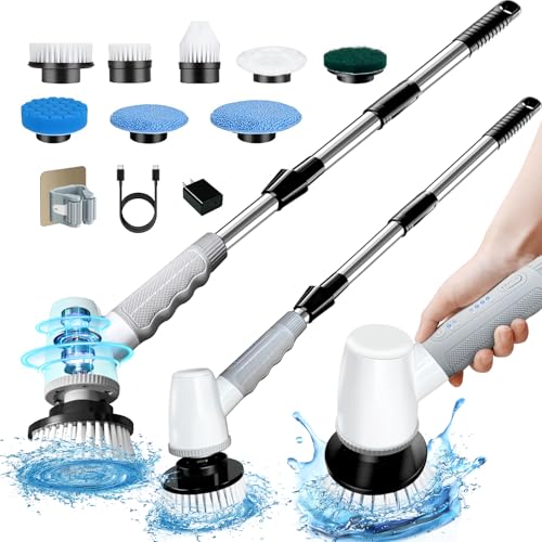 Electric Spin Scrubber Bathroom Scrubber - Cordless Shower Scrubber with Adjustable Handle, 2 Speeds, Bathroom Scrubber with 8 Replaceable Brush Heads, Power Scrubber for Bathroom Bathtub Cleaning