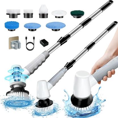 Electric Spin Scrubber Bathroom Scrubber - Cordless Shower Scrubber with Adjustable Handle, 2 Speeds, Bathroom Scrubber with 8 Replaceable Brush Heads, Power Scrubber for Bathroom Bathtub Cleaning