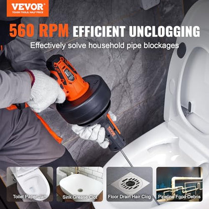 VEVOR 12V Electric Drain Auger, 25FT Cordless Plumbing Snake Auto Feed, Pipeline Snake Drain Clog Remover with Power Drill for 3/4"-2" Pipes, 2.0Ah Battery and Charger Included - style: Electric Auto-Feed