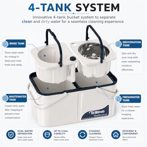 Gen 1 Large-Capacity Spin Mop and Bucket – for Big Homes & Deep Cleaning Days,4-Chamber System Separates Dirty & Clean Water, 2-GAL Heavy-Duty Design with Wheels & 8 Refill Mop Heads - White/Blue - size: Large Gen 1- White/Blue+8 Mop Heads