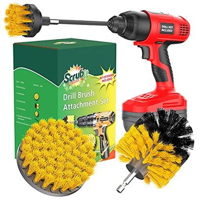 SCRUBIT Drill Brush Attachment Set - Power Scrubber Tile and Grout Tool - Use for Kitchen, Shower, Bathtub and Floor Surface - All Purpose Household Cleaning Kit Includes 3 Brushes with A Bit Extender