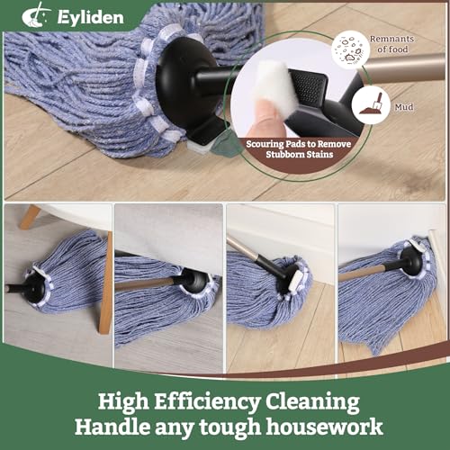 Eyliden Mop for Home & Commercial, Kitchen, Garage, Office Floor Cleaning | Non-Touch Replacement, Heavy Duty, 2 Reusable Cotton Heads, 4 Scouring Pads, Industrial Wet & Dry Mops