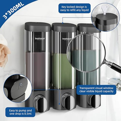 3 in 1 Shower Soap Dispenser, 3×300 ml Chamber Shampoo and Conditioner Dispenser Shampoo Dispenser for Shower Wall Mounted Shower Pump Soap Dispenser for Bathroom Kitchen (3 Chamber+Black) - color: 3 Chamber+black