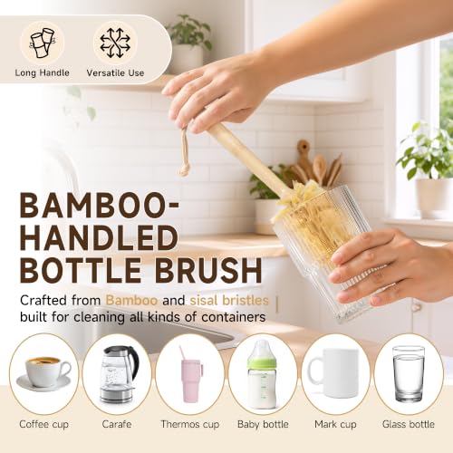 SAMEBUTECO 5 Piece Bamboo Dish Brush Set,11.5’’ Long Handle Bottle Brush with Sisal Bristles, 3 Pot Brushes,1 Replaceable Heads, Natural Kitchen Brush for Pot,Pans,Sink,Vegetables
