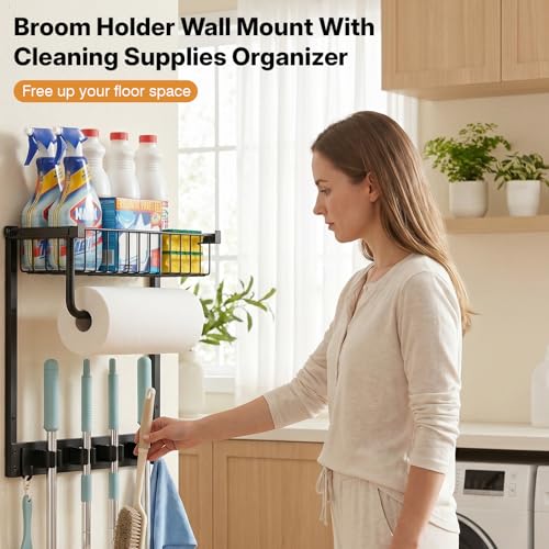 Broom Holder Wall Mount, Broom and Mop Organizer Wall Hanging with Paper Towel Holder & Removable Anti-fall Basket, Wall Mount Cleaning Supplies Organizer for Laundry Room, Apartment, Utility Room