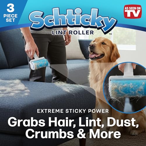 Schticky Lint Roller Set - Reusable & Washable Lint Roller Cleaner for Clothes Sofa Furniture Car Cat Dog Hair - Clean in a Quicky with Schticky (3 Piece Set)