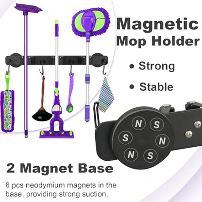 Heavy Duty Magnetic Mop Broom Holder, Srtong Magnetic Utensil Rack with 5 Hooks