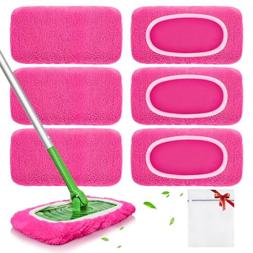Reusable Mop Pads fit Swiffer Sweeper Mop - Microfiber Wet Pads Refill & Machine Washable Dry Sweeping Cloths for Mopping All Sealed Floors - Hardwood, Laminate, Tile & Stone (Mop is not Included) - color: Rose Pink, size: 6 Pack