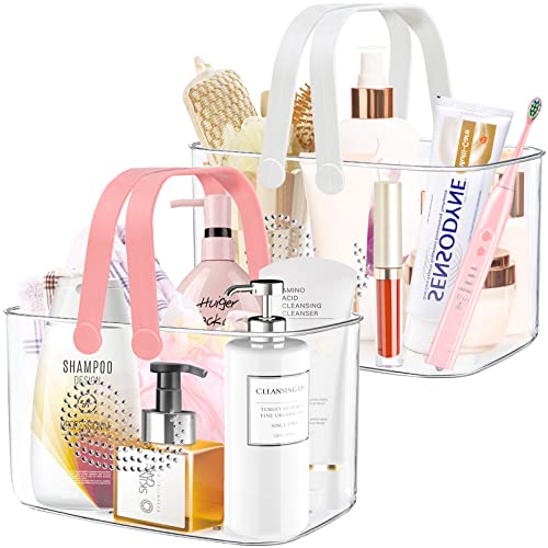 2 Pack Plastic Shower Caddy Basket, Portable Shower Caddy Tote Storage Basket with Colorful Handles, Clear Toiletry Organizer Bin for Bathroom Kitchen College Dorm (White+Pink) - color: White+Pink
