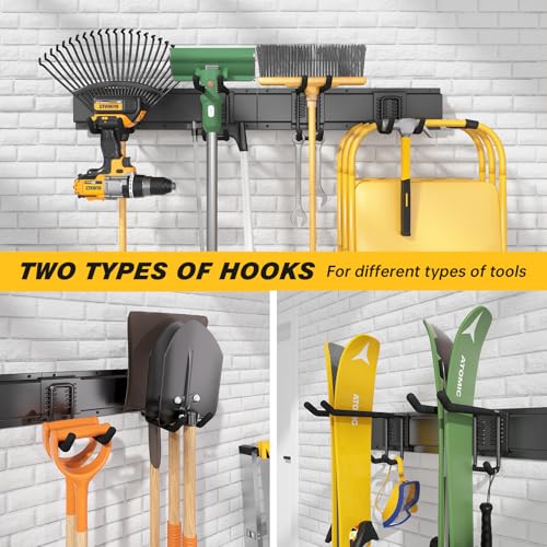 UUP 32 Inches Garage Storage, Garage Organization, Wall Mount Garden Tool Organizer, Max 300lbs Adjustable Metal Hooks, Yard Shed Hanging Rack, Heavy Duty Shelving for Rake Broom Mop Snowboard - size: 32" Alloy Steel with 2 Panels & 4 Hooks