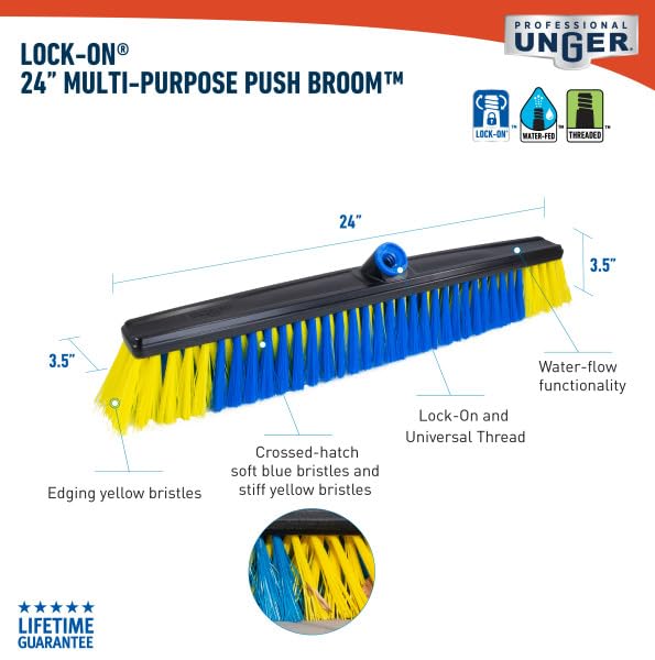 Unger Professional Lock-On 24” Multi-Purpose Push Broom – Professional Grade, Dual-Bristle Push Broom, with Water-Flow Action Floor Sweeper for Home & Business