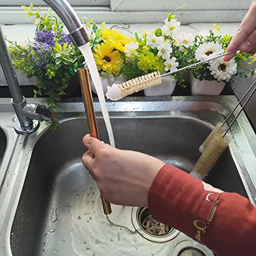 Bottle Brushes Thin Long Handle X 4, Skinny Wire Cleaner Set in Stainless Steel with Natural Boar Bristle at Wool Tip, Bendable Flexible for Cleaning Narrow Neck Bottles, Pipe, Tube, Hose