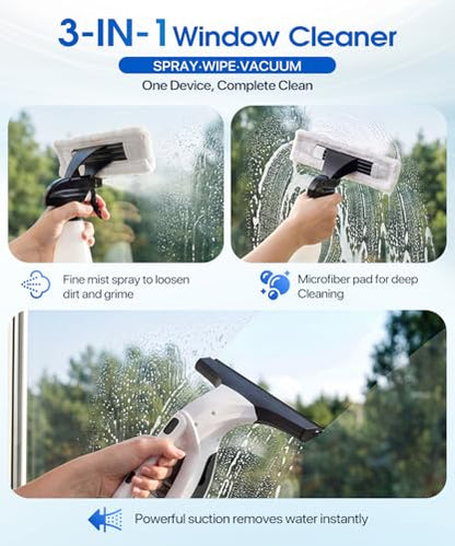 Window Vacuum Squeegee Cordless, 3-in-1 Electric Window Cleaner Tool with Spray & Microfiber Pad, Streak-Free 2200Pa Suction for Glass, Shower Doors, Mirrors, Tiles and Car Windows