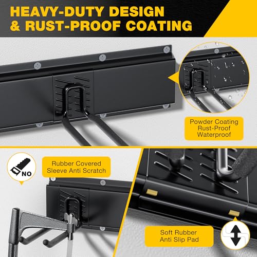 Garage Tool Organizer Wall Mount with 64 inches Rails and 10 Adjustable Heavy-Duty Hooks, Garden Tool Organizer, 14 Pack Carries 630 lbs, Heavy Duty Garage Storage Rack For Yard, Shed, Easy to install - size: 64 inch with 4 Panels & 10 Hooks