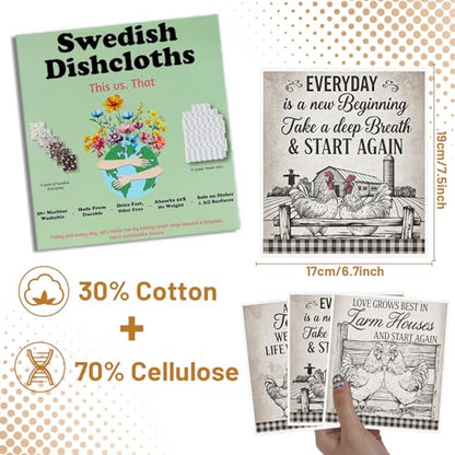 Reusable Swedish Dishcloths for Kitchen, 6PCS Farm House Cellulose Sponge Paper Towels Washable, Country Absorbent Fast Drying Swedish Dish Cloth for Home Cleaning - style: Farmhouse