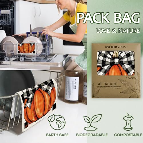 Autumn Fall Gnome Swedish Cloths for Kitchen, 6 Pack Pumpkin Reusable Paper Towels Washable，Swedish Dish Towels，Non-Scratch Cellulose Sponge Cloths，Biodegradable Cleaning Cloths 7 X 8 inch