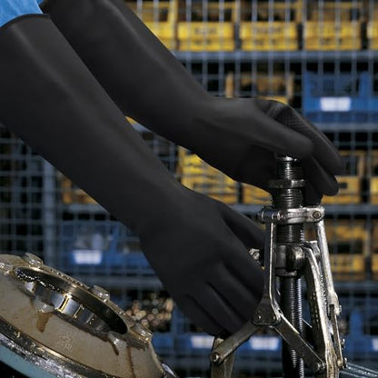 16" Chemical Resistant Gloves, Black Safety Work Heavy Duty Rubber Gloves, Long Waterproof Rubber Industrial Safety Glove for Cleaning, Gardeing,Dishwashing - color: 16 Inch