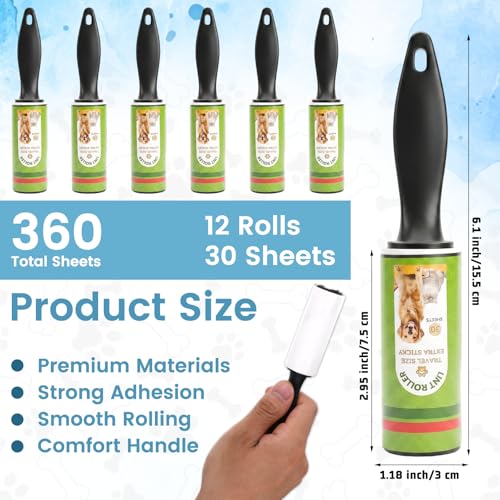 12 Rolls Compact Lint Rollers for Pet Hair Extra Sticky, Dog & Cat Hair Remover Lint Brushes for Clothes, Portable Travel Size Clothes Roller Brush for Home, Clothes, Bags, Furniture, Car Seat - size: 12 Pcs