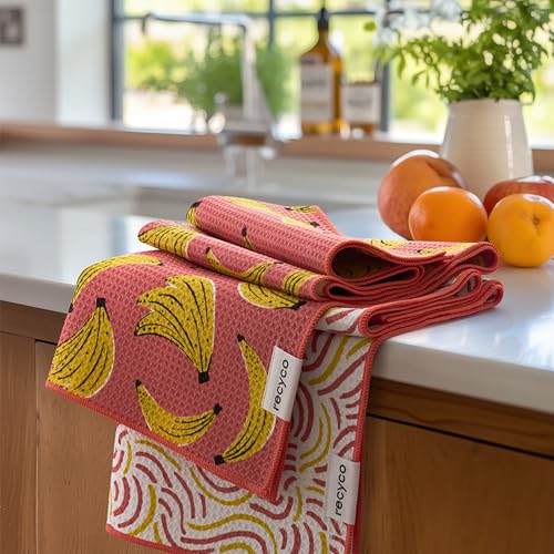 RECYCO Waffle Kitchen Towel Set of 2 - Quick Dry Microfiber Sustainable Dish Towels - Ultra Absorbent Reusable Cleaning Tea Towels - Lightweight Hand Towels,16”x 28”, Banana Joy - color: Banana Joy
