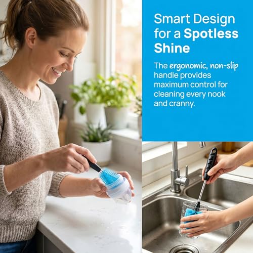3-in-1 Stainless Steel Bottle Brush Set of Three, Straws, Water Bottles, Glasswares, Mugs, Flasks, Tumblers, Vases, to-go Cups, Long-Handled Round Head