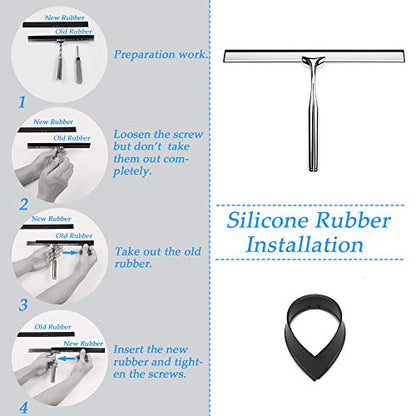 ENEE Shower Squeegee, Stainless Steel Glass Squeegee with Suction Cup Hook Holder, Deluxe Window Wiper Squeegees for Bathroom Glass Door, Mirror, Tiles, Cars (with 1 Extra Silicone Blade)