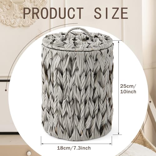 Ctosree 1.3 Gallons Small Trash Can with Lid Handle Boho Woven Braided Bathroom Waste Basket Trash Can with 100 Garbage Bags for Bedroom Office Laundry(Grey, Braided Polypropylene) - color: Grey, style: Round