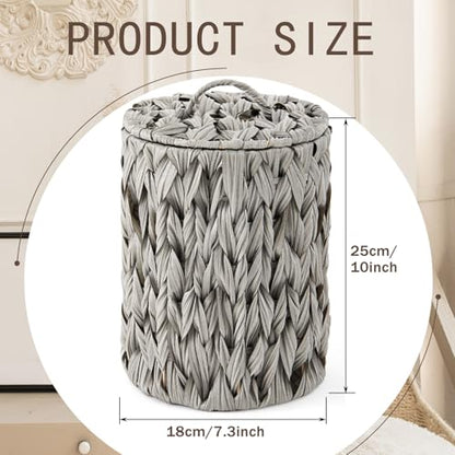 Ctosree 1.3 Gallons Small Trash Can with Lid Handle Boho Woven Braided Bathroom Waste Basket Trash Can with 100 Garbage Bags for Bedroom Office Laundry(Grey, Braided Polypropylene) - color: Grey, style: Round