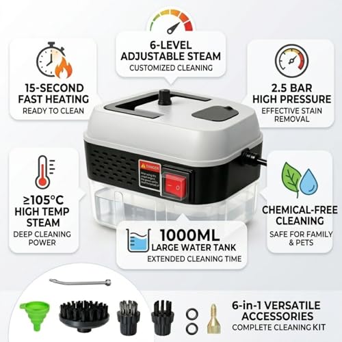 Foandbevi 1200W Handheld Steam Cleaner with 6 Adjustable Levels, 105℃ High-Pressure Portable Steam Cleaning Machine for Car Detailing, Tile Grout, Couch, Mattress, Bed & Home - 6 in 1 Attachments - color: Cream White