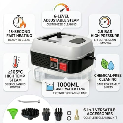 Foandbevi 1200W Handheld Steam Cleaner with 6 Adjustable Levels, 105℃ High-Pressure Portable Steam Cleaning Machine for Car Detailing, Tile Grout, Couch, Mattress, Bed & Home - 6 in 1 Attachments - color: Cream White
