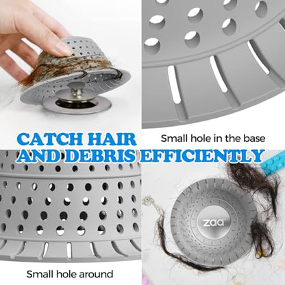 zaa Shower Drain Hair Catcher, 2 Pack Silicone Collapsible Bathtub Drain Cover Dog Hair Catcher & Protector for Pop-Up & Regular Drains of Shower, Bathtub, Tub, Bathroom, Diameter 4.5" - color: Gray