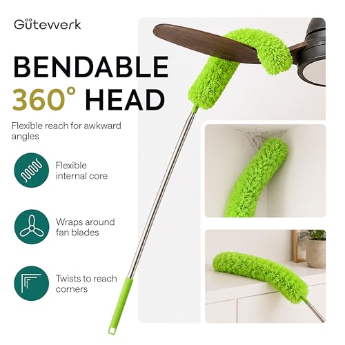 Gütewerk Extendable Microfiber Duster, 100 Inch - Feather Dusters for Cleaning Ceiling Fans, Blinds, Baseboards & High Ceilings - Washable, Electrostatic, 360° Bendable Head, Stainless Steel Pole - color: Green, size: up to 100 inch